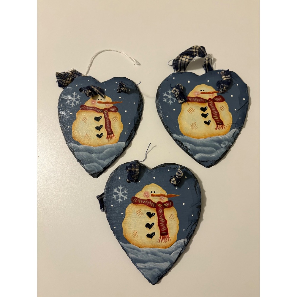 Set of 3 Heart Shaped Slate Snowman Ornaments Hand Painted Christmas Decor